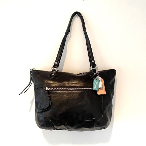 Coach Poppy Glam Glazed Black Leather Tote Shoulder Handbag Versatile Corp Core - Picture 1 of 10